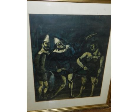 Georges Rouault, (French, 1871-1958), an expressionist figural study of clowns, polychromatic lithograph, H.56.5cm, W.44cm, 