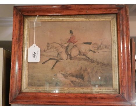 19th century British school. A rural hunting scene of gentlemen on horses, watercolour and pen on paper H: 21cmW:26cm