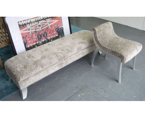 STOOL AND BOUDOIR CHAIR, with silver coloured upholstery, on silver painted supports, 47cm W x 67cm H, stool, 154 cm L x 48cm
