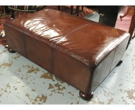 HEARTH STOOL, rectangular nut brown leather upholstered, 124cm x 78cm x 44cm.