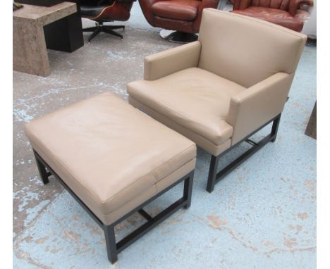 ARMCHAIR AND STOOL, Minotti, brown leather with square back and arms, stretchered supports with companion stool, 70cm W. (2)