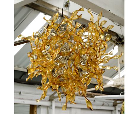 CHANDELIER, amber glass in twisted ribbon design, 90cm x 80cm.