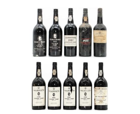 A selection of Vintage Ports comprising Cockburns, 1975 (1) and 1997 (1), Quarles Harris, 1977 (1) and 1983 (1), Warres, 1980