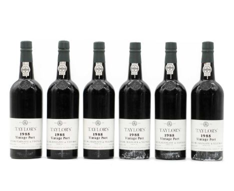 Taylors, Vintage Port, 1985 (6 in 12 OWC)Condition ReportTwo IN and six HS.One IN and two HS showing signs of seepage.Labels 