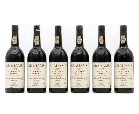 Grahams, Vintage Port, 1977 (6)Condition ReportAll HS. Some scuffs and stains to labels. Signs of slight seepage and damage t