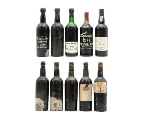 A selection of Vintage Ports with unlabelled examples including Taylor, Vintage Port, 1927 (1), another bottle capsule marked