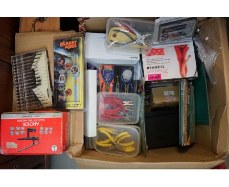 A collection of watch repairs tools to include watch back opener, pliers, ultrasonic cleaner. 