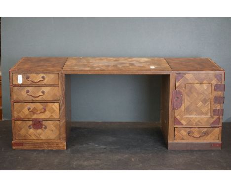 An oriental wooden desktop Pedestal desk with five outer drawers and two drawers behind door, stands approx 26cm in height.