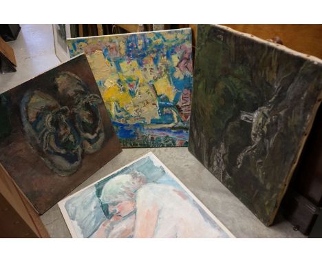 Five contemporary oil paintings to include portrait, Landscape etc. 