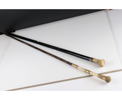 A horn handled walking cane and a gilt and mother of pearl handled walking cane. 