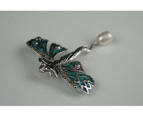 Silver plique-a-jour Art Nouveau style brooch, with pearl drop 