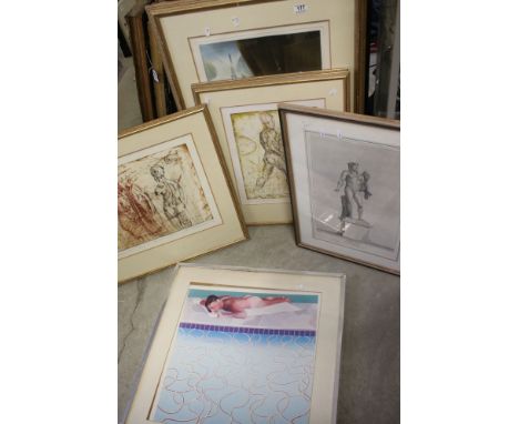 Collection of Seven Pictures including Museum poster, 'Man Laying By a Swimming Pool' - print after Hockney, Sketch of Lady a