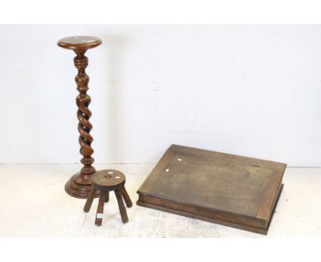 Small Oak Milking Stool with Five Turned Legs, 23cms high together with a Jardiniere Stand and a Table Top Clerks Desk 