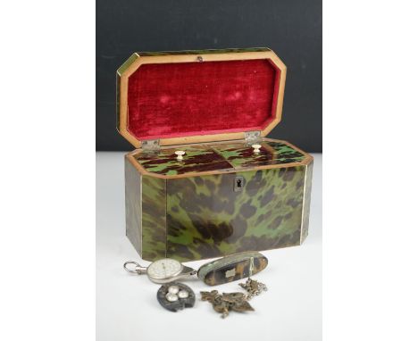 Early 19th century Green Stained Tortoiseshell Tea Caddy, the hinged lid enclosing two section interior with lids 