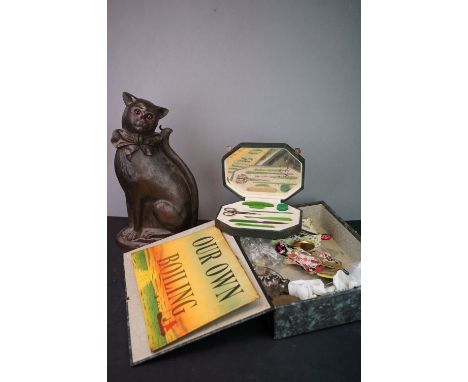 A box of mixed collectables to include a manicure set, vintage pin badges and coins together with a fireside companion in the