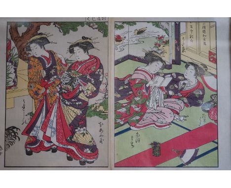 Framed, two part, Triptych Japanese signed woodblock, portrait of geishas in flamboyant gowns 