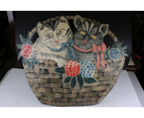 Painted Toleware Firescreen in the form of Two Cats in a Basket, 58cms high 