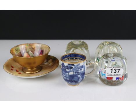 A collection of three Millefiori paperweights together with a 18th / 19th century blue &amp; white cup and a Royal Worcester 