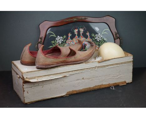 A group of mixed collectables to include a wooden tray with embroidered peacocks, an ostrich egg and a vintage feather fan. 
