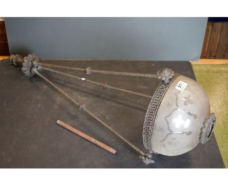 A central hanging victorian ceiling lamp with ornate cut glass shade. 