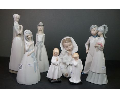 Nao Figure of a Young Child wrapped in a Blanket together with Five Spanish Lladro style Figures plus Two Royal Doulton Figur