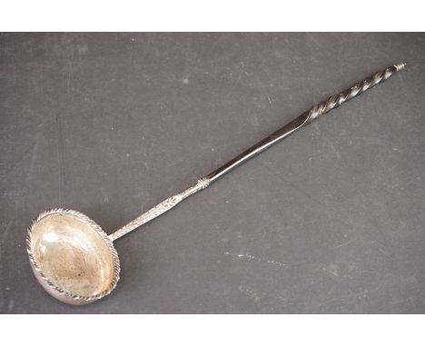 A Georgian fully hallmarked sterling silver toddy ladle, hallmarked rubbed and indistinct. 