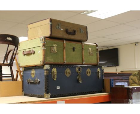 Early 20th century Wooden Bound and Canvas Covered Travelling Trunk, 91cms long together with a vintage suitcase and another 