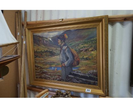 Early 20th century oil on board, portrait of a Lappish scout with mountains beyond, signed