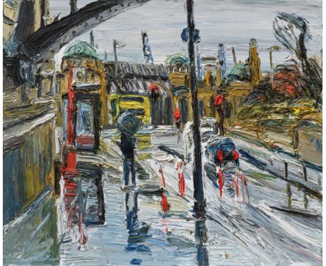 LEHMPFUHL, CHRISTOPHER1972 BerlinTitel: Regentag an den Landungsbrücken. Datierung: 2019. Technik: Öl auf Leinwand. Maße: 150