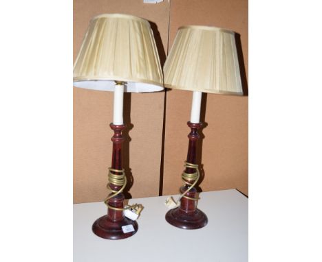 PAIR OF TURNED WOODEN CANDLE STYLE LAMP BASES EACH APPROC 44CM