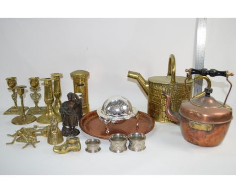 QTY VARIOUS METAL WARES INCLUDING WATER CAN SMALL KETTLE, BRASS PILLAR BOX MONEY BOX, CANDLE STICKS ETC 