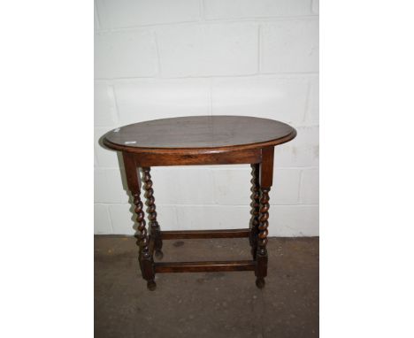 OVAL OAK OCCASSIONAL TABLE WITH BARLEY TWIST LEGS APPROX 75 X 45CM TOGETHER WITH VINTAGE PINE WALL SHELF APPROX WIDTH 88 CM A