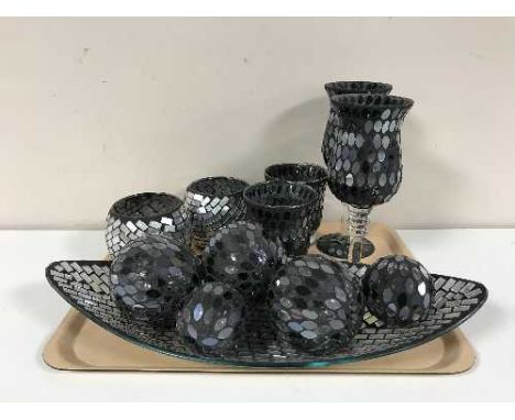 Two trays of contemporary mosaic glass ware - goblets, tea light holders, etc 