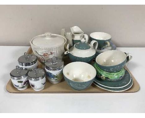 Six pieces of Maling china, four Royal Worcester egg coddlers, Royal Doulton cascade two for tea etc 