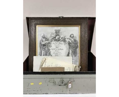 A tin trunk containing framed and un-framed pharmaceutical society certificates, new testament etc 