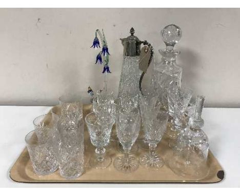 A tray of assorted lead crystal glass ware, Bohemian glasses, whiskey glasses, decanter and a claret jug etc 