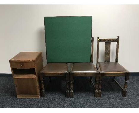 Three carved oak dining chairs, bedside cabinet and folding card table 