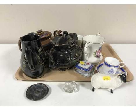 A tray of copper lustre teapot and milk jug, jug of 60th year of Queen Victoria, Worcester cup and saucer, Beswick ram, etc 