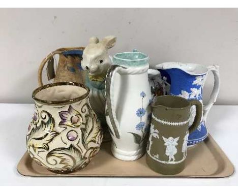 A tray of 20th century pottery, china vases and jugs inc. Wade, Radford, Wedgwood, Port Merion etc and a chalk rabbit money b