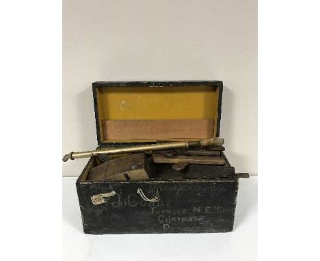 A wooden joiners box of hand tools, planes, together with three plastic tools boxes with tools