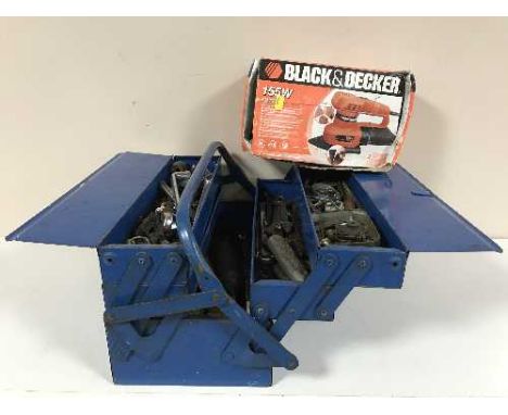 Two metal tool boxes together with a box containing assorted hand tools, jump lead, Black and Decker sander etc