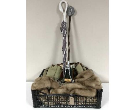 A box of fur coat, umbrella, boxed gent's shoes, shooting stick etc 