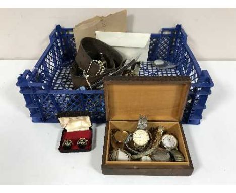 A box of assorted lady's wrist watches, Rotary etc, leather belt, coins, costume jewellery etc 