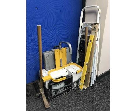 Two pairs of folding steps, wheel clamp with key, pick axe, sledge hammer, box of outdoor security lights, etc 