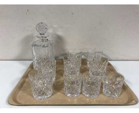 A tray of lead crystal decanter, six good quality lead crystal whiskey tumblers and three further crystal glasses 