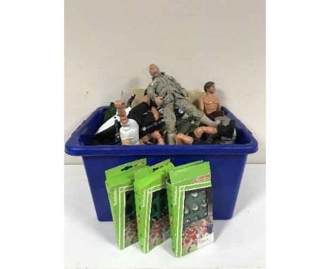 A box containing action men, building bricks, box of Subbuteo teams and accessories
