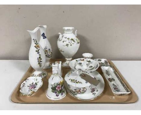 A tray of fourteen pieces of floral bone china inc. Royal Crown Derby posies, vase and dish, Aynsley cottage garden vases and