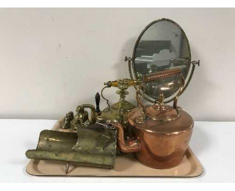 A tray of 20th century brass and copper ware inc. kettles, trench art ammunition shell, candlestick etc  
