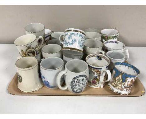 A tray of a large collection of commemorative cups by Aynsley, Spode, Ringtons etc 