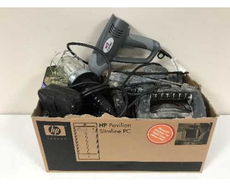 Two boxes containing a large quantity of assorted power tools, extension leads, lights etc
